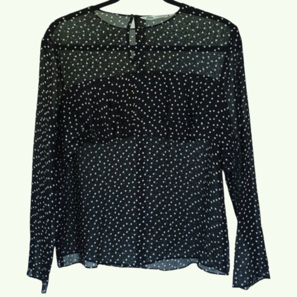 Whimsigoth Dark Academia Zara Sheer Polka Dot Blouse XS Black White Keyhole Back